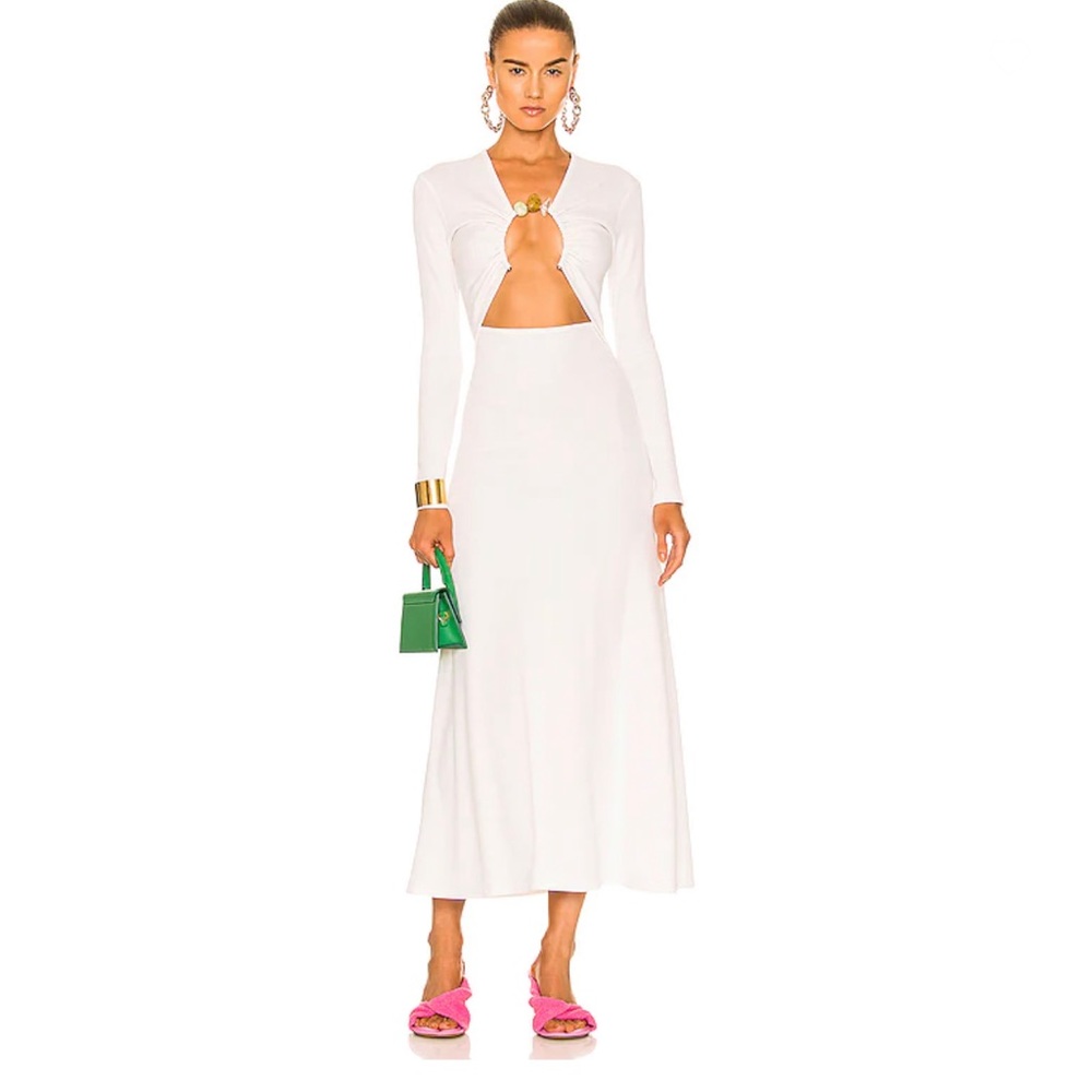 Christopher Esber Split Quartz Ruched Long Sleeve Midi Dress in Ivory